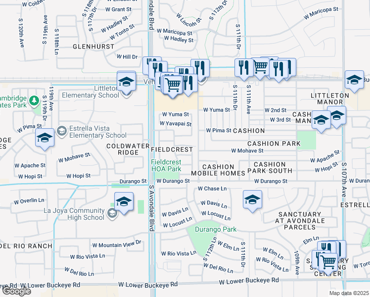 map of restaurants, bars, coffee shops, grocery stores, and more near 11367 West Cocopah Street in Avondale