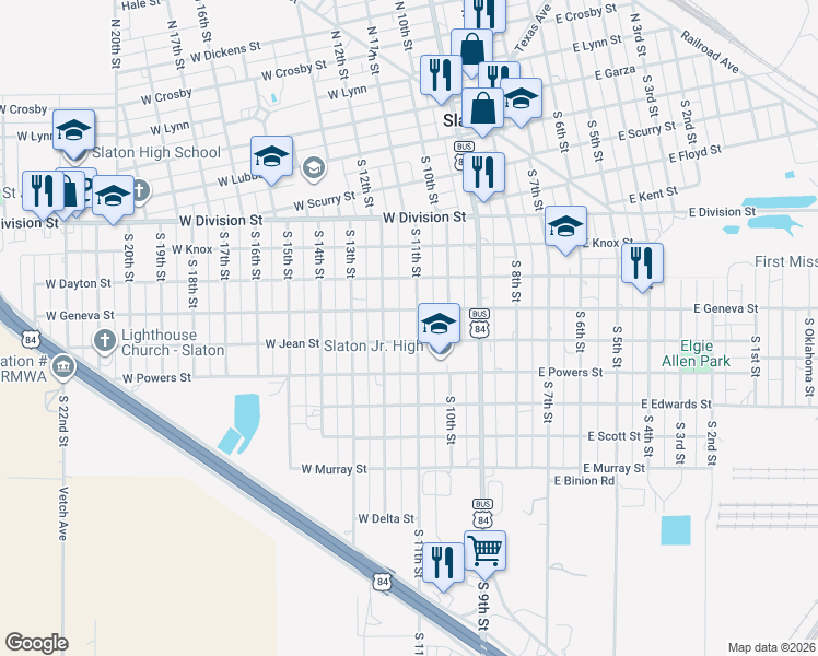 map of restaurants, bars, coffee shops, grocery stores, and more near 935 South 11th Street in Slaton