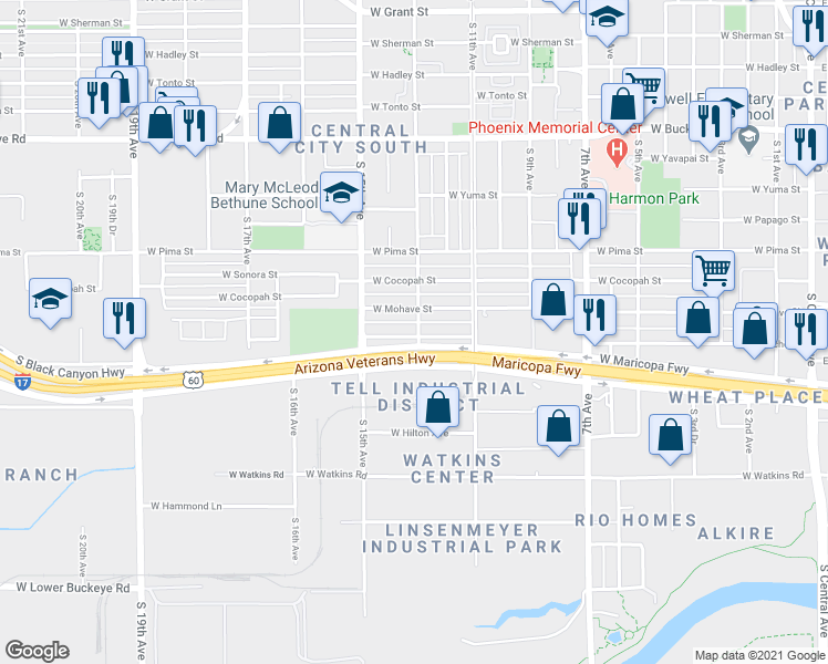 map of restaurants, bars, coffee shops, grocery stores, and more near 1302 West Apache Street in Phoenix