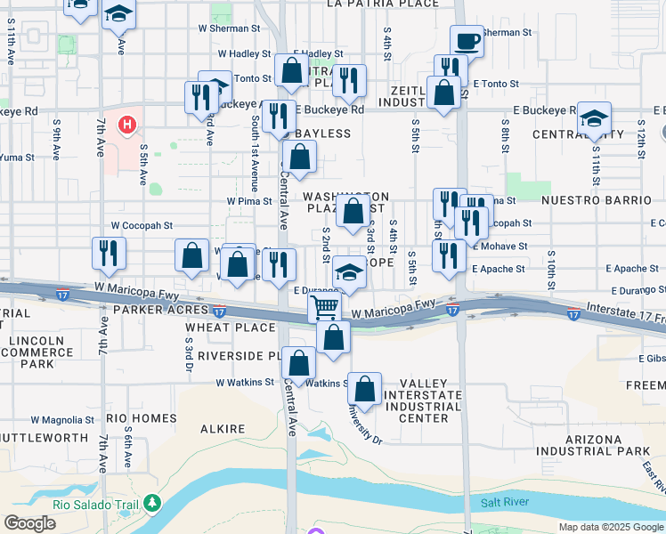 map of restaurants, bars, coffee shops, grocery stores, and more near 1714 South 2nd Place in Phoenix