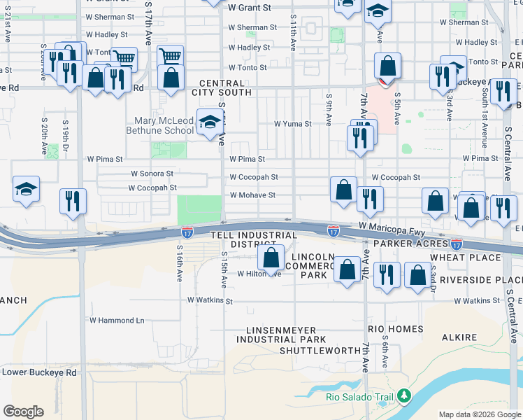 map of restaurants, bars, coffee shops, grocery stores, and more near 1302 West Apache Street in Phoenix