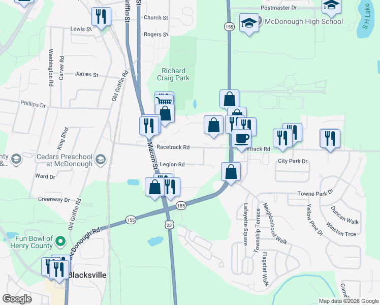 map of restaurants, bars, coffee shops, grocery stores, and more near 88 Racetrack Road in McDonough