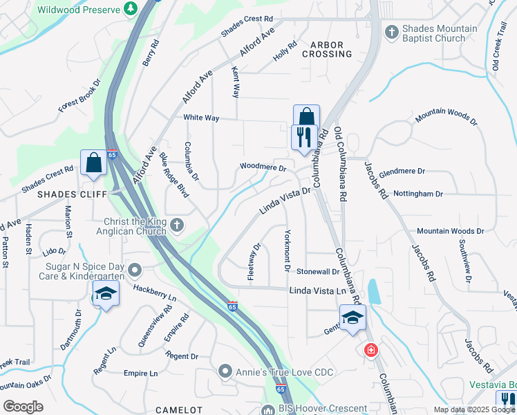 map of restaurants, bars, coffee shops, grocery stores, and more near 1460 Linda Vista Drive in Vestavia Hills