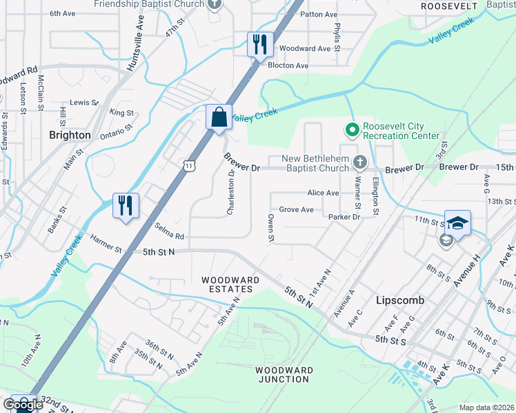 map of restaurants, bars, coffee shops, grocery stores, and more near 552 Selma Rd in Bessemer