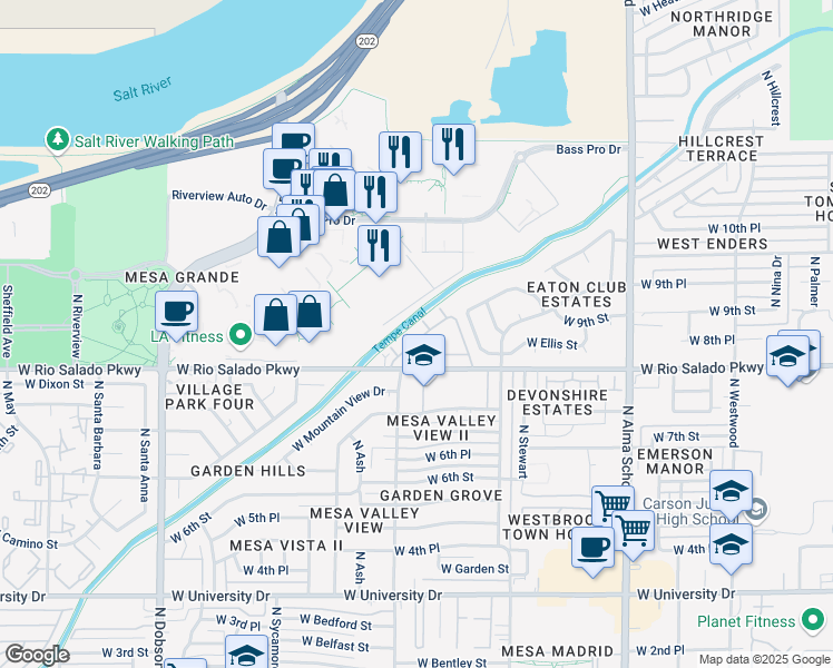 map of restaurants, bars, coffee shops, grocery stores, and more near 1500 West Rio Salado Parkway in Mesa
