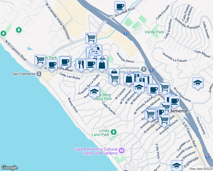 map of restaurants, bars, coffee shops, grocery stores, and more near 125 Avenida Aragon in San Clemente