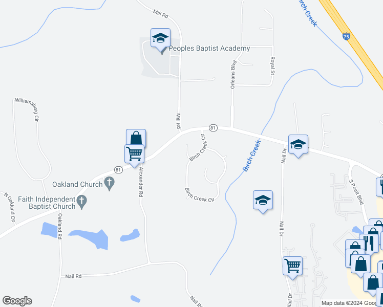 map of restaurants, bars, coffee shops, grocery stores, and more near 155 Birch Creek Circle in McDonough