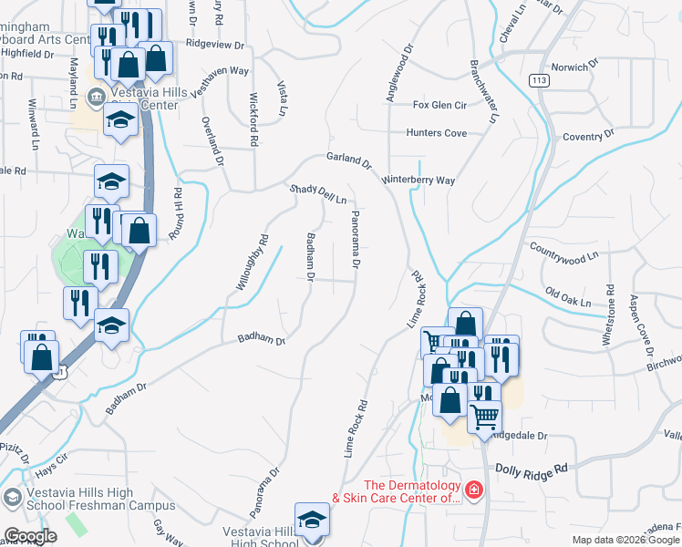 map of restaurants, bars, coffee shops, grocery stores, and more near 1351 Turnham Lane in Vestavia Hills