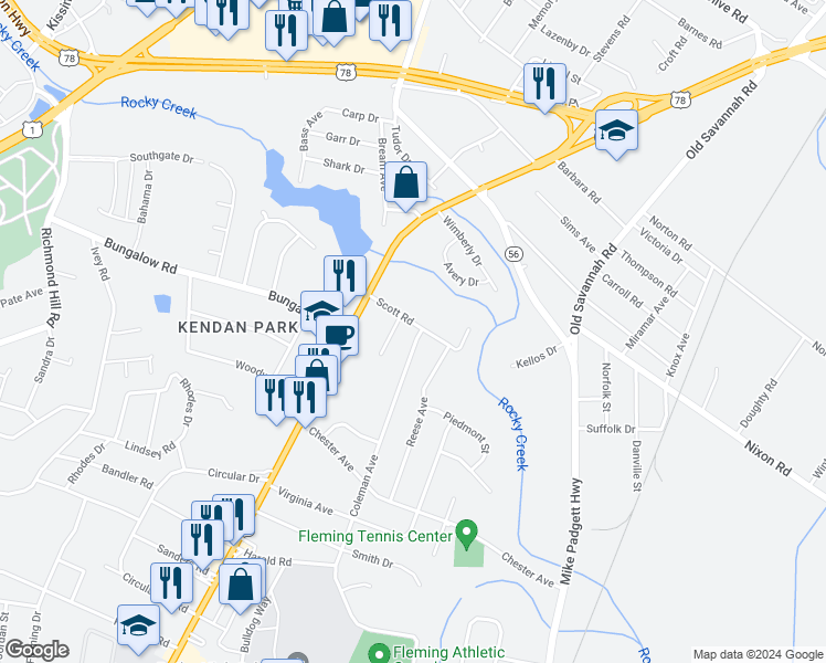 map of restaurants, bars, coffee shops, grocery stores, and more near 2469 Coleman Avenue in Augusta