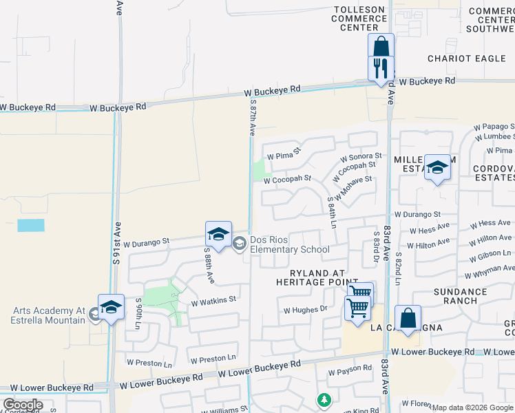map of restaurants, bars, coffee shops, grocery stores, and more near 1826 South 86th Lane in Tolleson