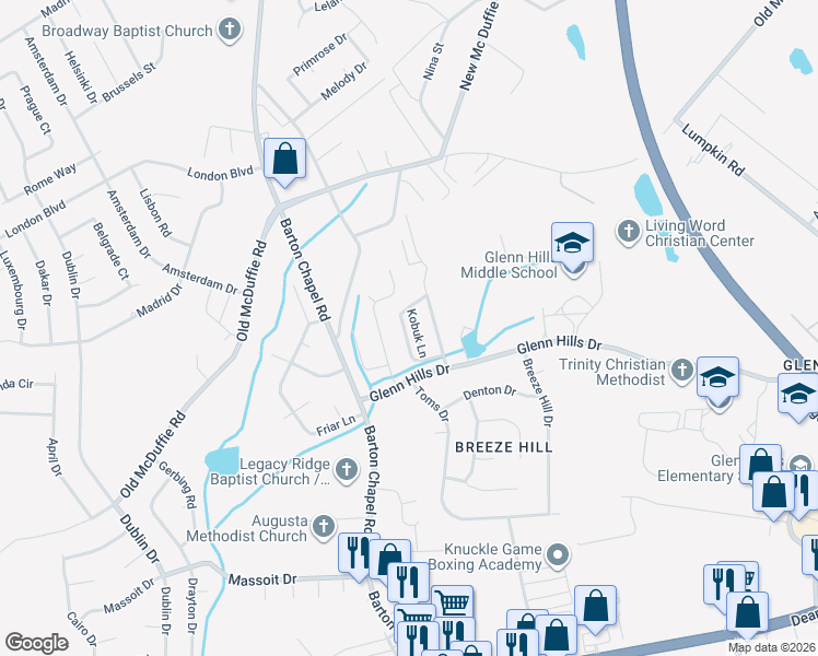 map of restaurants, bars, coffee shops, grocery stores, and more near 2521 Redoubt Circle in Augusta