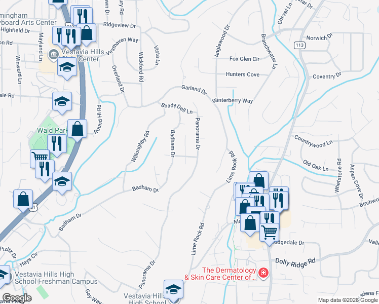map of restaurants, bars, coffee shops, grocery stores, and more near 1351 Turnham Lane in Vestavia Hills