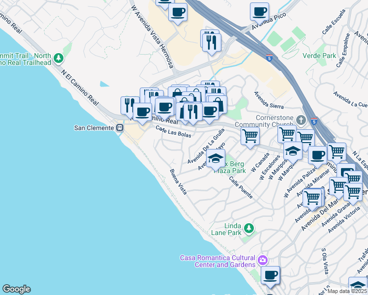 map of restaurants, bars, coffee shops, grocery stores, and more near 147 Avenida Florencia in San Clemente