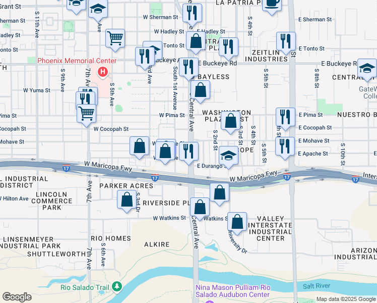 map of restaurants, bars, coffee shops, grocery stores, and more near 1712 South Central Avenue in Phoenix