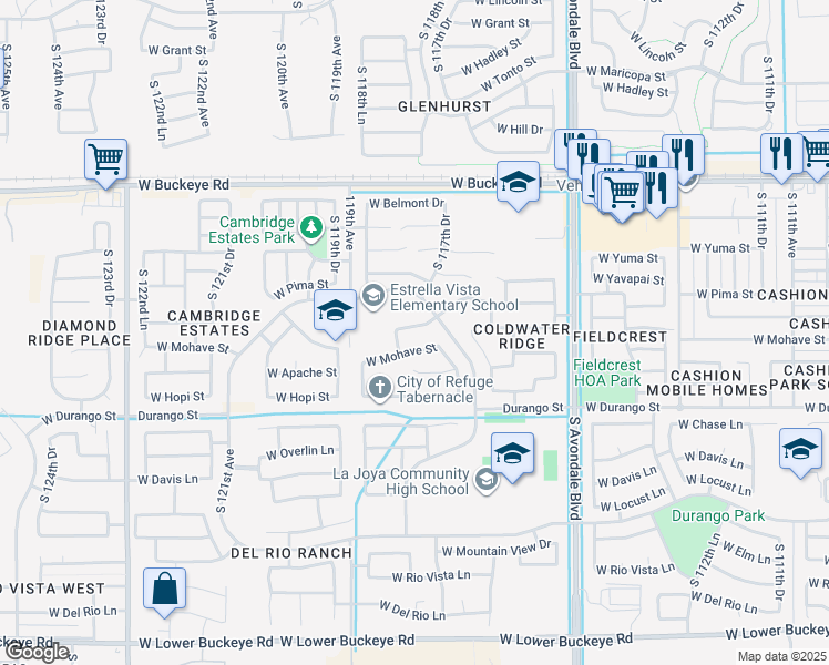 map of restaurants, bars, coffee shops, grocery stores, and more near 11767 West Cocopah Street in Avondale