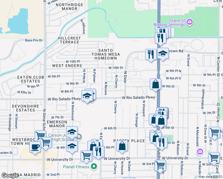 map of restaurants, bars, coffee shops, grocery stores, and more near 832 North Cherry in Mesa
