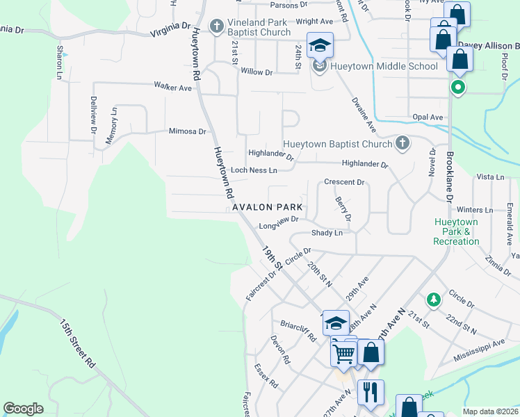 map of restaurants, bars, coffee shops, grocery stores, and more near 112 Avalon Avenue in Hueytown