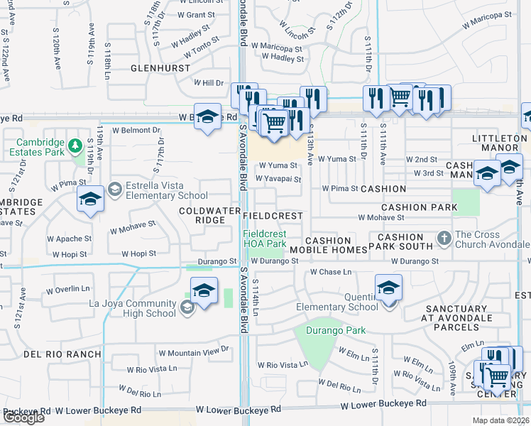 map of restaurants, bars, coffee shops, grocery stores, and more near 11414 West Mohave Street in Avondale