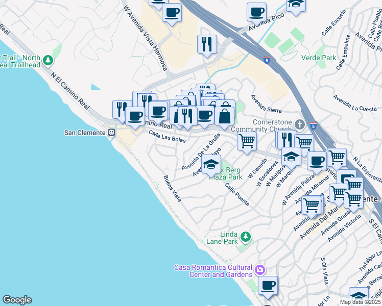map of restaurants, bars, coffee shops, grocery stores, and more near in San Clemente