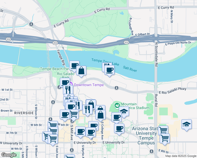 map of restaurants, bars, coffee shops, grocery stores, and more near 268 East Rio Salado Parkway in Tempe