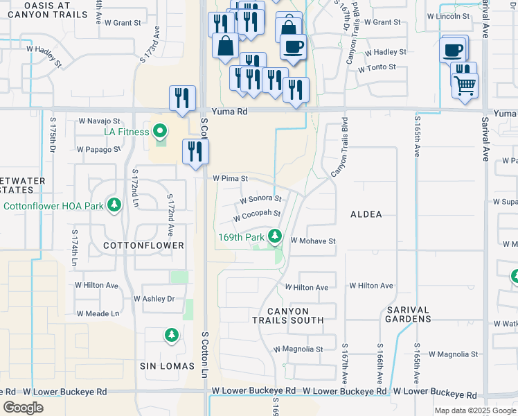 map of restaurants, bars, coffee shops, grocery stores, and more near 16958 West Cocopah Street in Goodyear