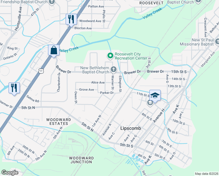map of restaurants, bars, coffee shops, grocery stores, and more near 6128 Warner Street in Birmingham