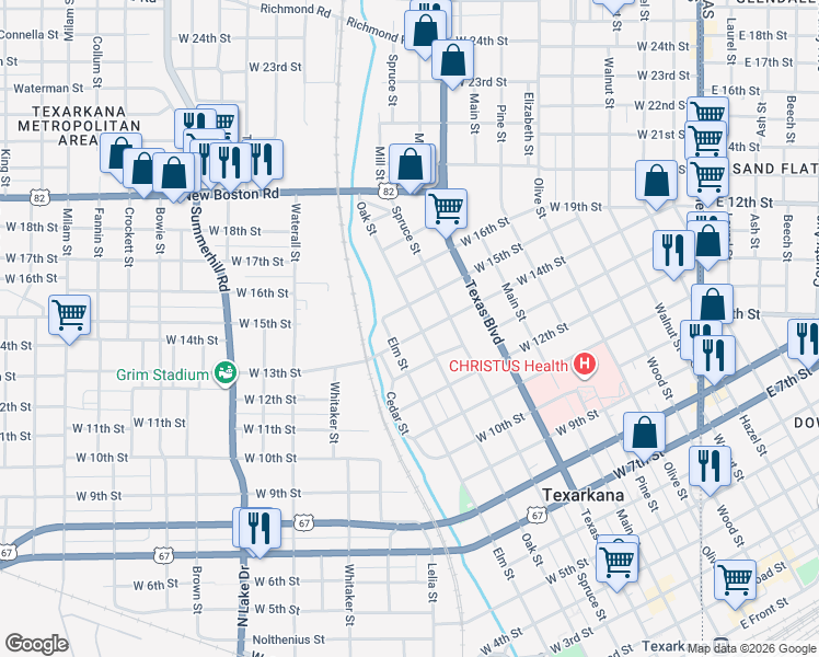 map of restaurants, bars, coffee shops, grocery stores, and more near 1405 Oak Street in Texarkana