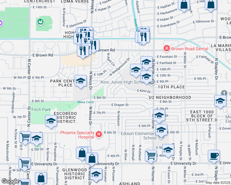 map of restaurants, bars, coffee shops, grocery stores, and more near 814 North Hobson Circle in Mesa