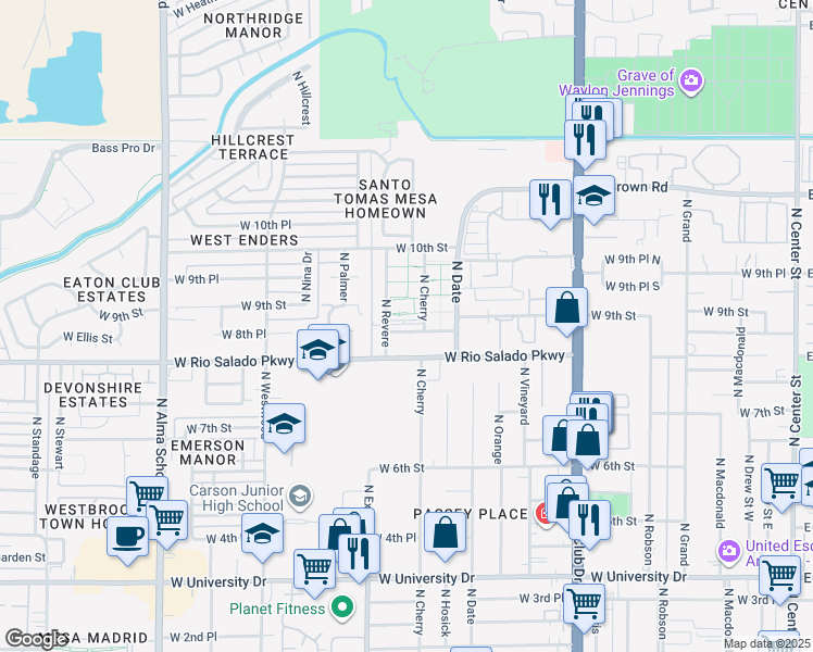 map of restaurants, bars, coffee shops, grocery stores, and more near 832 North Cherry in Mesa