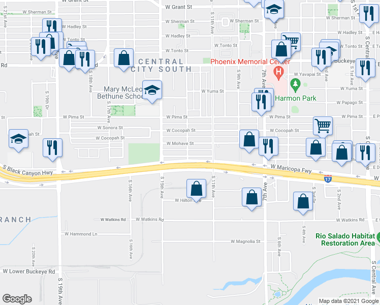 map of restaurants, bars, coffee shops, grocery stores, and more near 1302 West Apache Street in Phoenix
