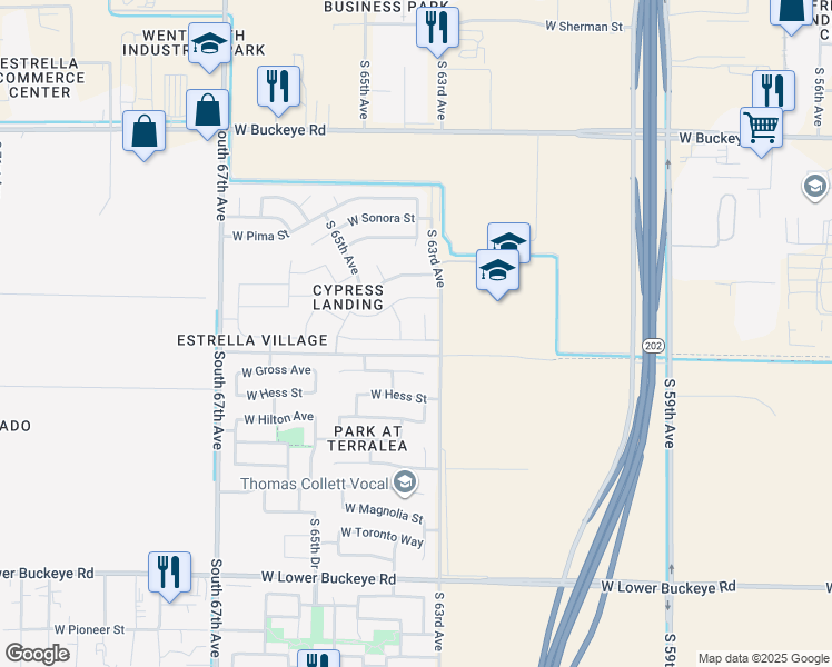 map of restaurants, bars, coffee shops, grocery stores, and more near 1822 South 63rd Lane in Phoenix