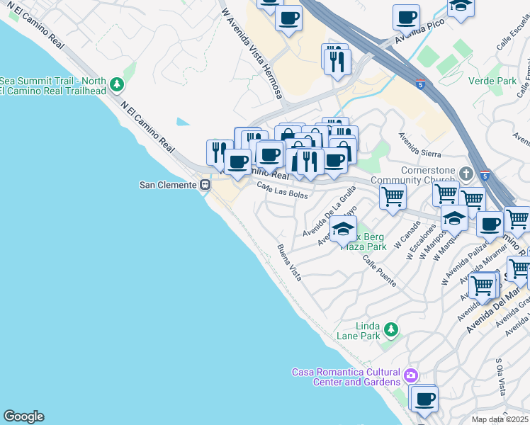 map of restaurants, bars, coffee shops, grocery stores, and more near 1516 Calle Sacramento in San Clemente