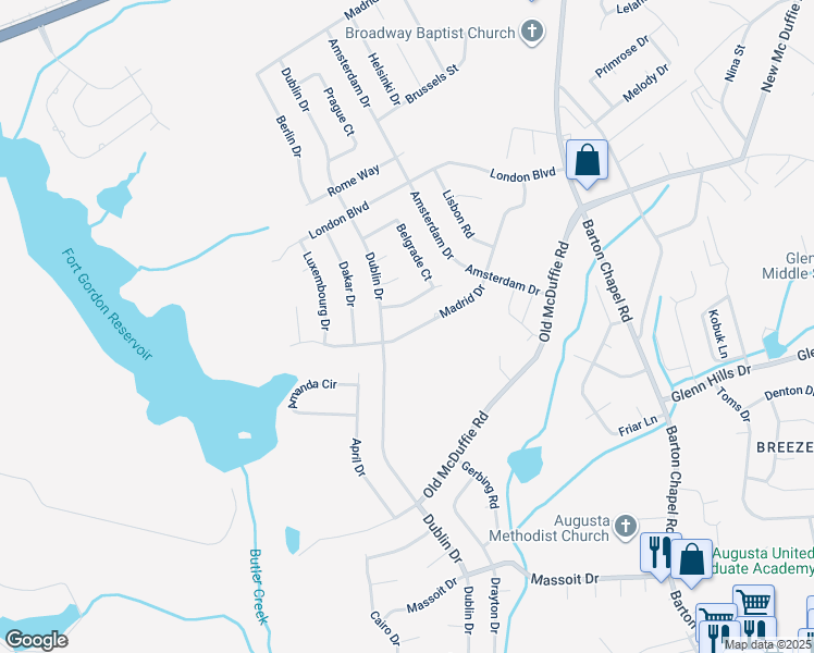 map of restaurants, bars, coffee shops, grocery stores, and more near 2453 Madrid Drive in Augusta