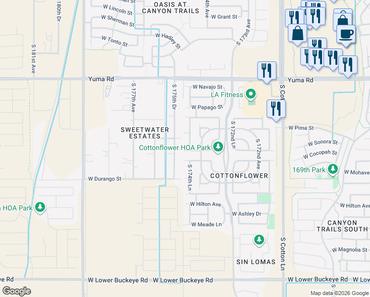map of restaurants, bars, coffee shops, grocery stores, and more near 17490 W Cocopah St in Goodyear