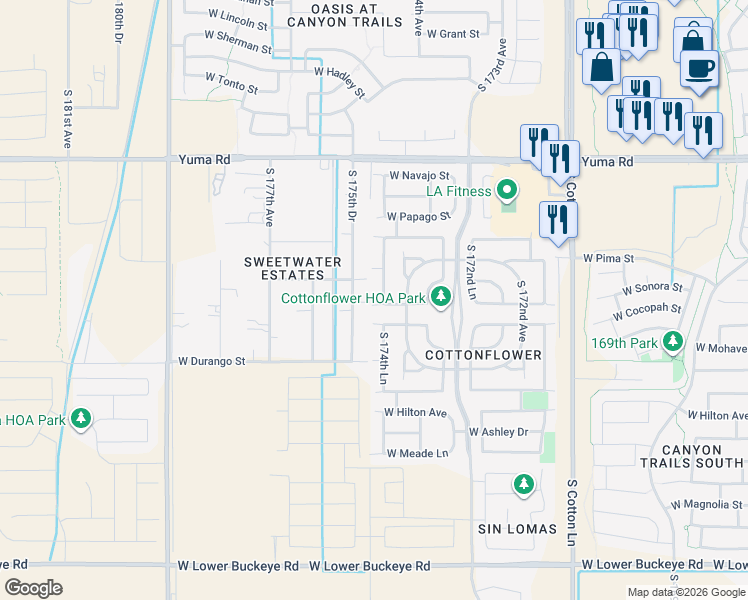 map of restaurants, bars, coffee shops, grocery stores, and more near 17490 West Cocopah Street in Goodyear