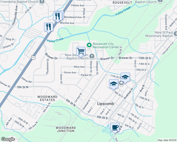 map of restaurants, bars, coffee shops, grocery stores, and more near 6128 Warner Street in Birmingham