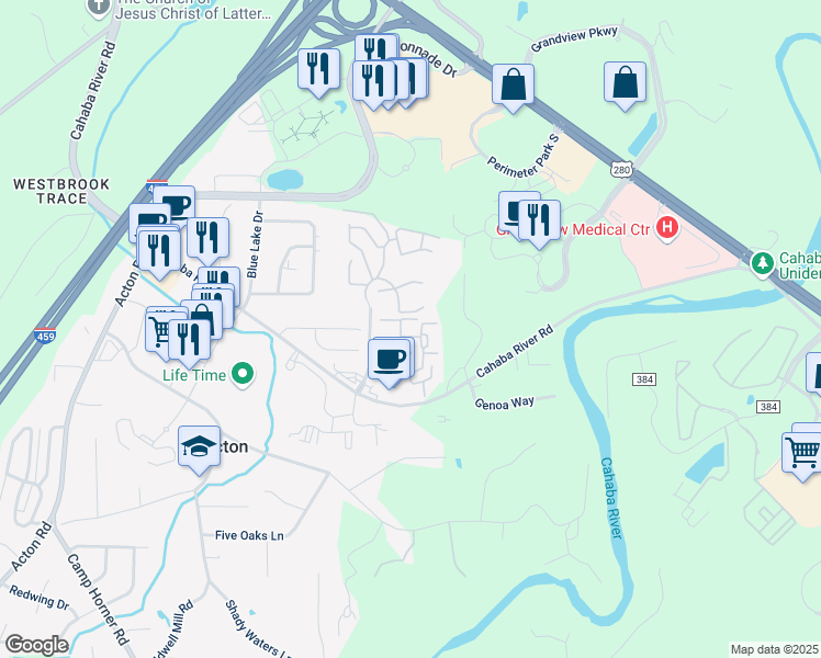 map of restaurants, bars, coffee shops, grocery stores, and more near 717 Cahaba River Parc in Birmingham