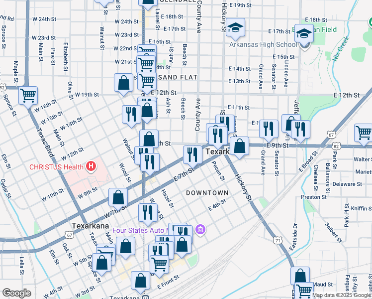 map of restaurants, bars, coffee shops, grocery stores, and more near 809 Beech Street in Texarkana