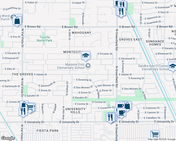 map of restaurants, bars, coffee shops, grocery stores, and more near 4132 East Adobe Street in Mesa