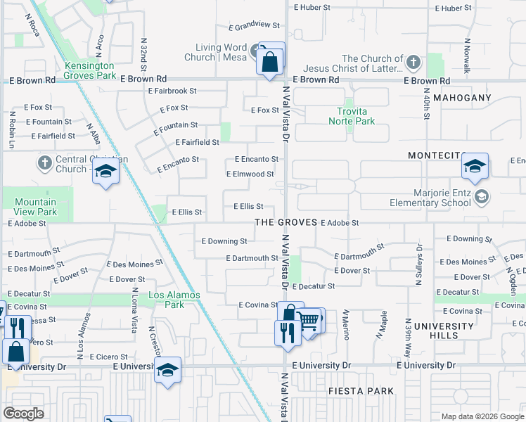 map of restaurants, bars, coffee shops, grocery stores, and more near 3527 East Ellis Street in Mesa