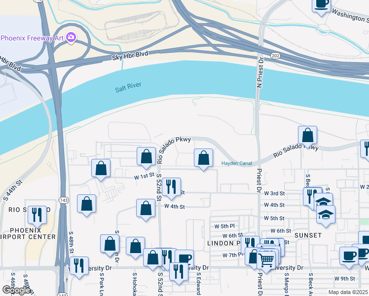 map of restaurants, bars, coffee shops, grocery stores, and more near 1921 West Rio Salado Parkway in Tempe