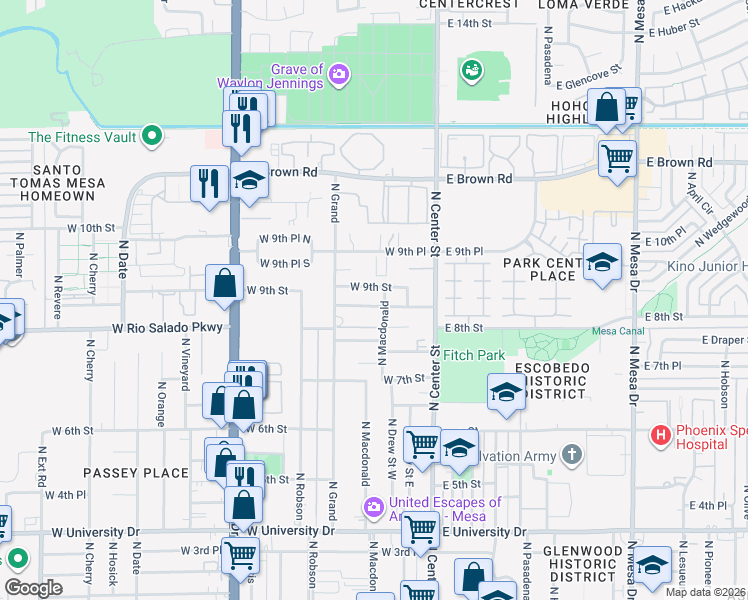 map of restaurants, bars, coffee shops, grocery stores, and more near 108 West 8th Place in Mesa