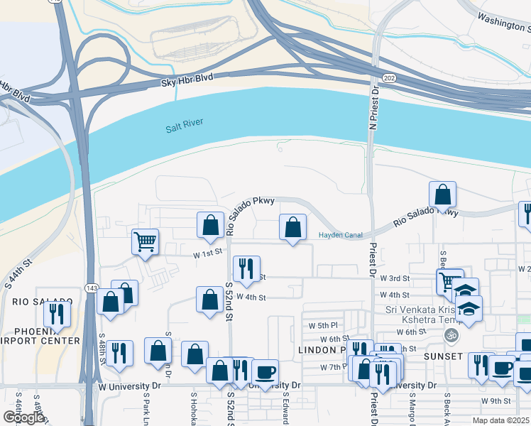 map of restaurants, bars, coffee shops, grocery stores, and more near 1921 West Rio Salado Parkway in Tempe