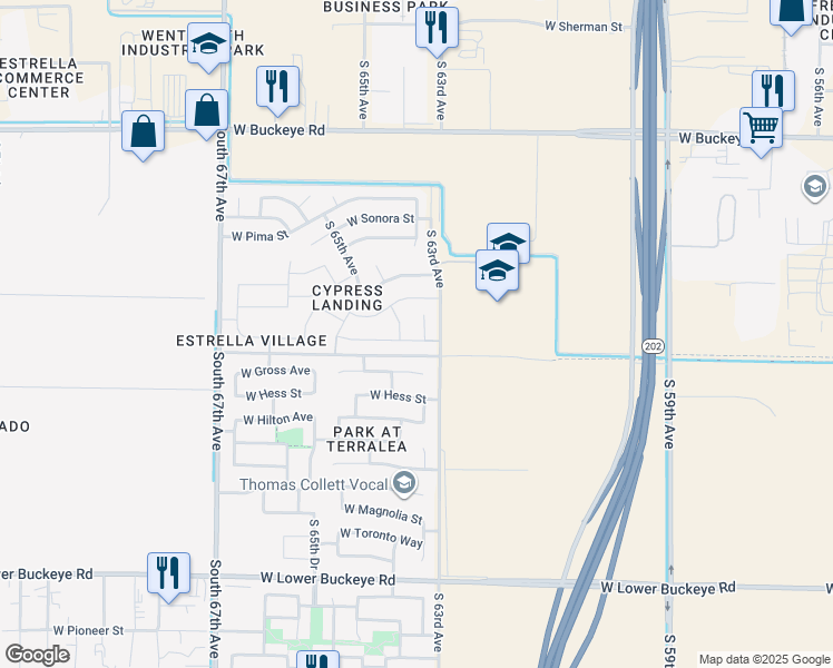map of restaurants, bars, coffee shops, grocery stores, and more near 1822 South 63rd Lane in Phoenix