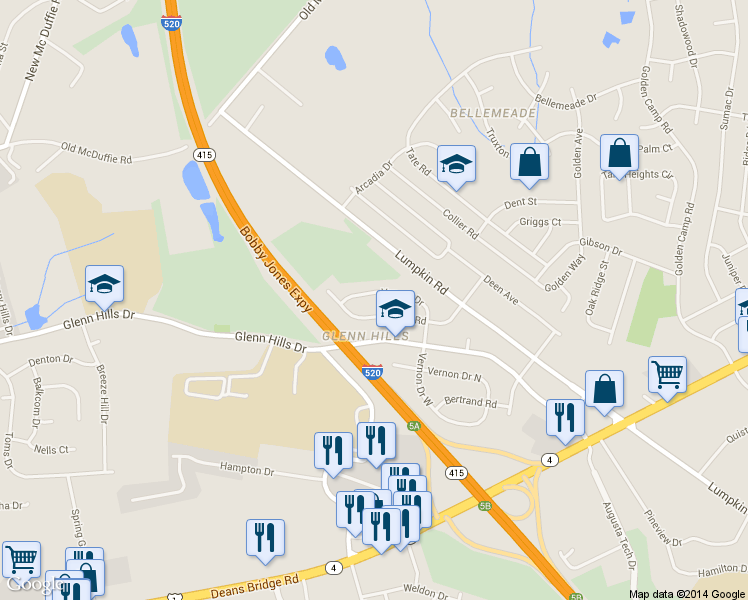 map of restaurants, bars, coffee shops, grocery stores, and more near 2822 Vernon Drive in Augusta