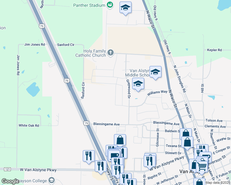 map of restaurants, bars, coffee shops, grocery stores, and more near 1041 Stanridge Lane in Van Alstyne