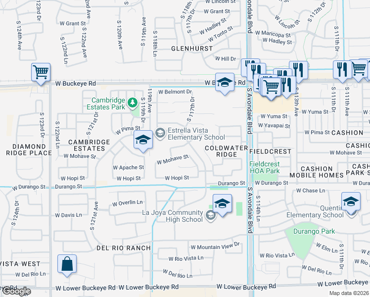map of restaurants, bars, coffee shops, grocery stores, and more near 11767 West Cocopah Street in Avondale