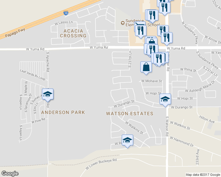 map of restaurants, bars, coffee shops, grocery stores, and more near 23882 West Harrison Drive in Buckeye