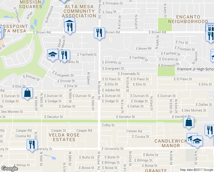 map of restaurants, bars, coffee shops, grocery stores, and more near 6035 East Ellis Street in Mesa