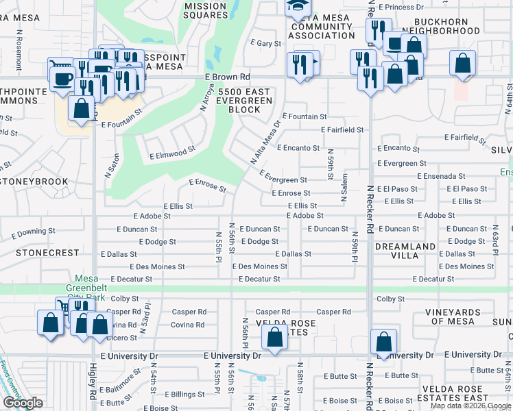 map of restaurants, bars, coffee shops, grocery stores, and more near 5620 East Adobe Street in Mesa